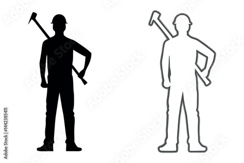 Diverse set of worker icons with hard hat and hammer, depicting labor force in vector design labour day or labor day line art icon set