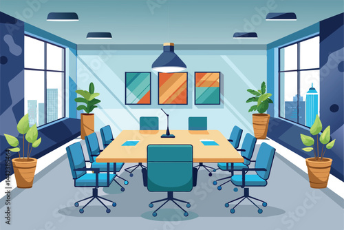 Illustration of a contemporary conference room featuring blue chairs, a central table, large windows, and potted plants, creating a bright and professional office atmosphere.