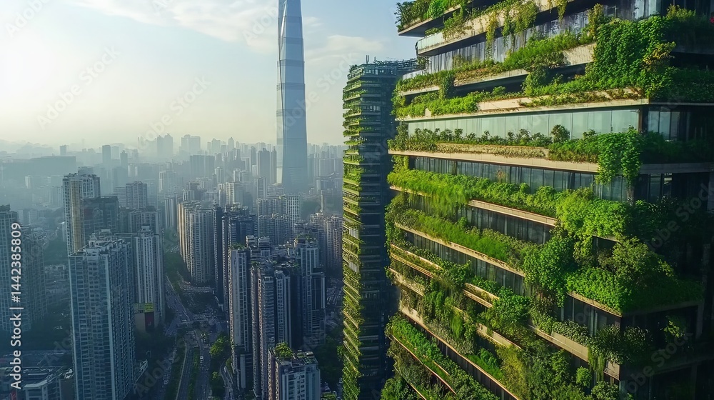 Obraz premium Green architecture urban landscape aerial view modern city sustainability concept