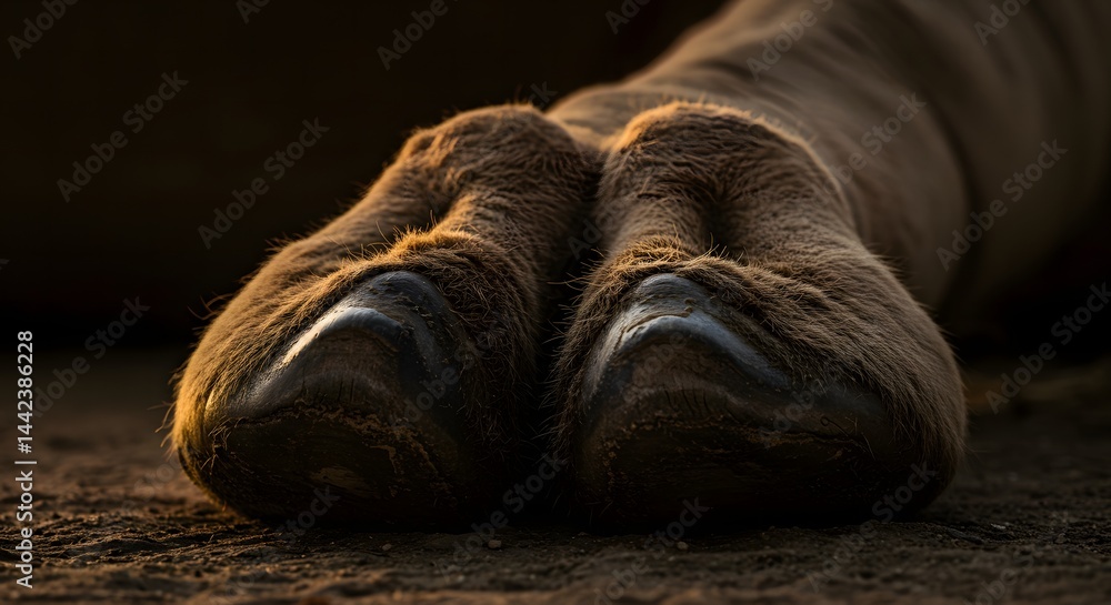 Obraz premium Close Up of Hoof Resting on Dirt Ground Showing Fur and Texture