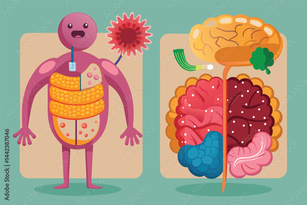 Naklejka premium Vibrant and educational cartoon depicting human anatomy with various organs. Ideal for teaching and learning biology, healthcare concepts, and illustrating anatomical features in a fun way.