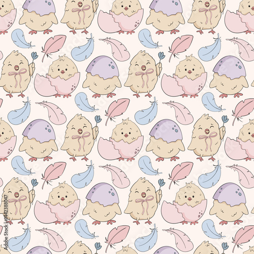 Cute Chicks and birds inside nest Hand drawn Easter decorative Seamless Pattern. Newborn birds nourished by Mother Bird. Colorful eggs illustrations