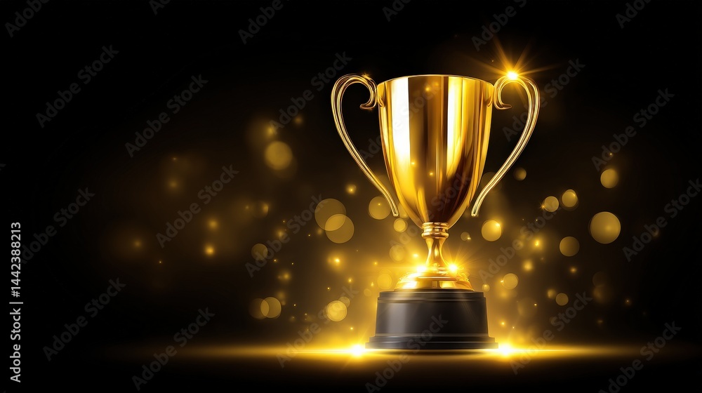 A golden trophy cup shines brightly with glowing bokeh lights on a dark background, symbolizing achievement and success. A golden trophy cup shines brightly with glowing bokeh lights on a dark background, symbolizing achievement and success.