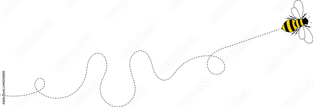 Bee flying path. A bee flying in a dotted line. The flight path of bee. Bee flying on a dotted route. Hand drawn bees illustration. Bee flying path. A bee flying in a dotted line. The flight path of bee. Bee flying on a dotted route. Hand drawn bees illustration.