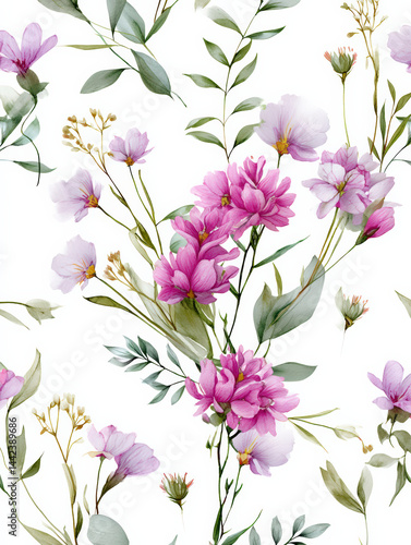 Wallpaper Mural Delicate watercolor wildflowers pattern with pink blossoms and green leaves on white background, evoking soft vintage charm Torontodigital.ca