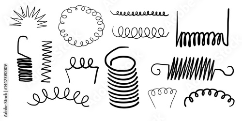 Metal coil spiral bounce metal line hand drawn doodle. Slinky or wire flexible spring. Set curly wavy twisted shape.