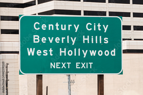 Century City, Beverly Hills and West Hollywood next exit sign on the 405 freeway in Los Angeles California.  