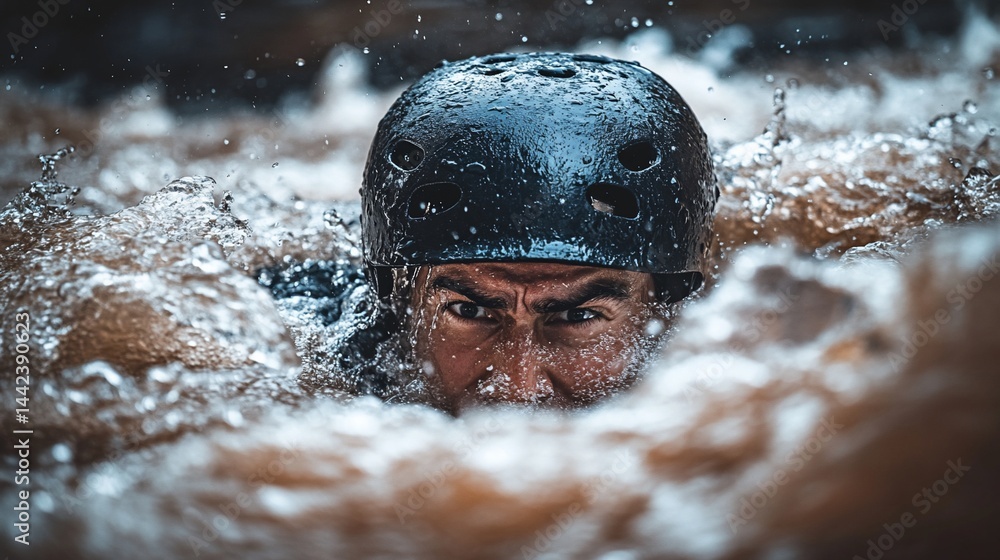 Close-up of a man's determined face emerging from rushing water, wearing a helmet.