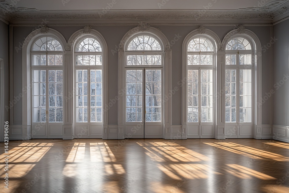 Sunlit room with large arched windows and hardwood floors.