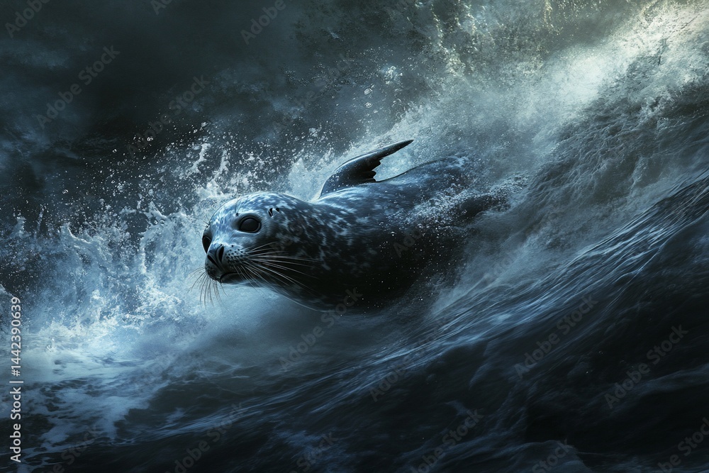 A harbor seal gracefully leaps through stormy ocean waves, showcasing its power and agility amidst the turbulent water.