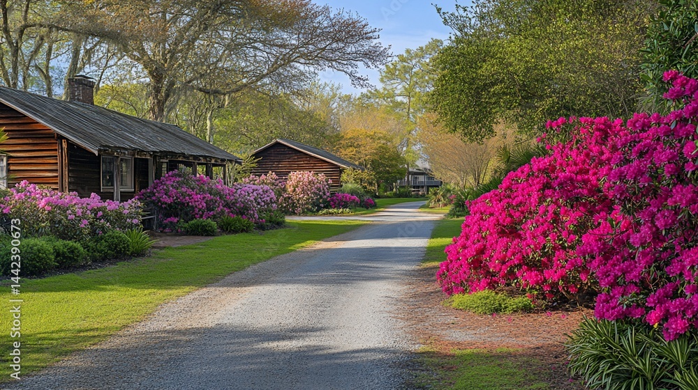 Scenic country road lined with blooming azaleas and rustic cabins on a sunny day.