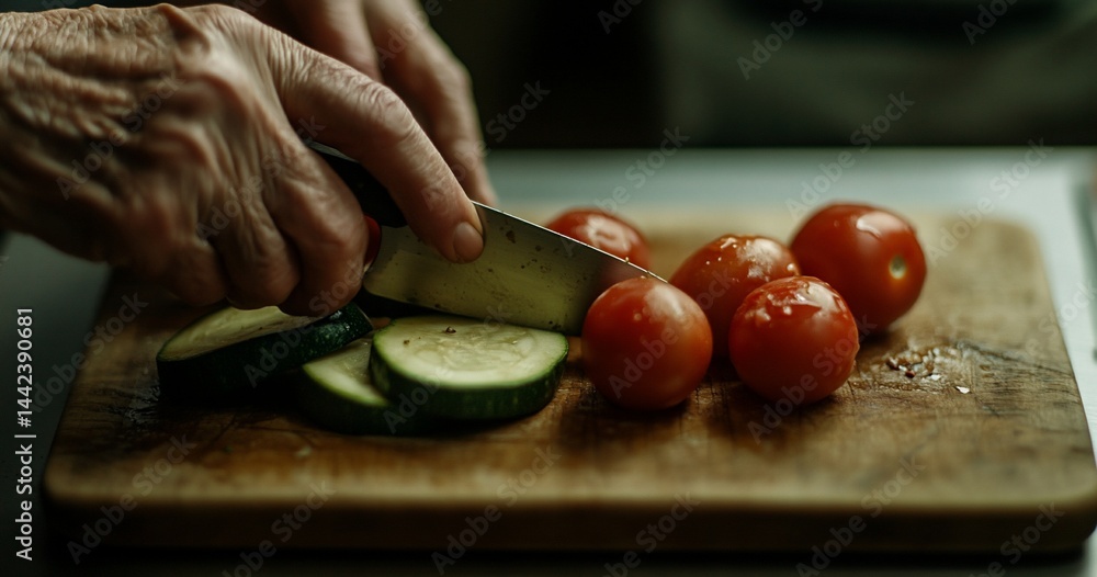 Elderly hands slicing zucchini and tomatoes on a wooden board.