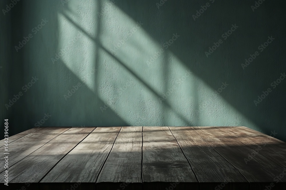 Rustic wooden table against a teal wall with window light.