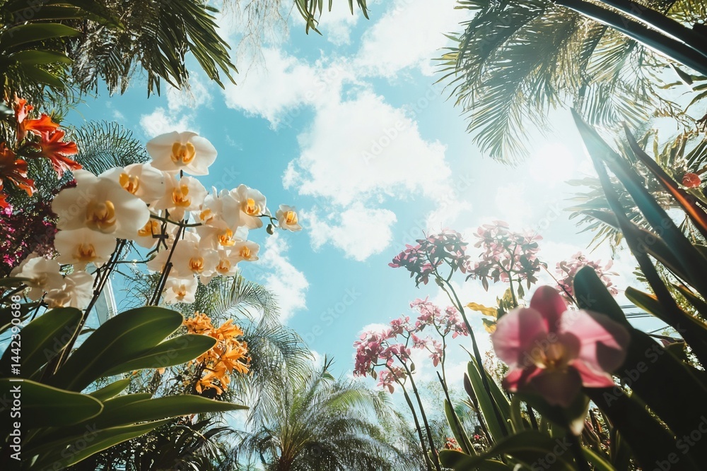 Low-angle view of colorful orchids and palm trees against a bright blue sky.