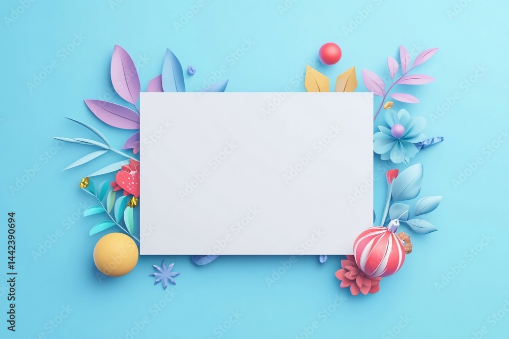 Blank card surrounded by colorful paper flowers and leaves on a blue background.