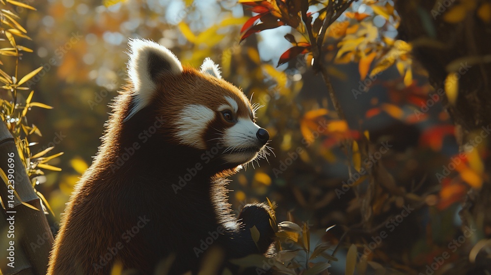 Red panda sitting on a branch amidst autumn foliage, sunlight illuminating its fur.