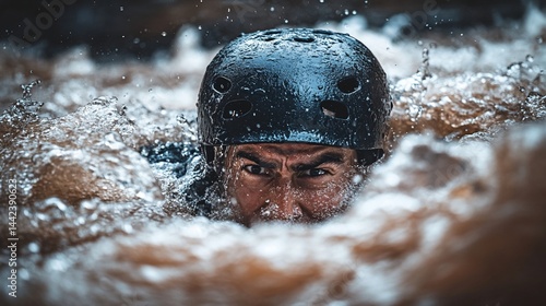 Obraz na płótnie Close-up of a man's determined face emerging from rushing water, wearing a helmet. w salonie