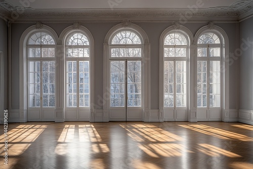 Obraz na płótnie Sunlit room with large arched windows and hardwood floors. w salonie