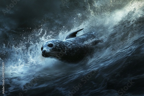 Obraz na płótnie A harbor seal gracefully leaps through stormy ocean waves, showcasing its power and agility amidst the turbulent water. w salonie