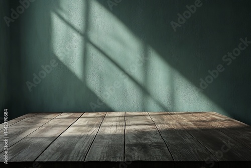 Rustic wooden table against a teal wall with window light.