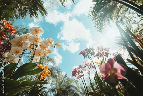 Obraz na płótnie Low-angle view of colorful orchids and palm trees against a bright blue sky. w salonie