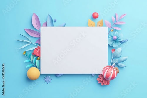 Blank card surrounded by colorful paper flowers and leaves on a blue background.