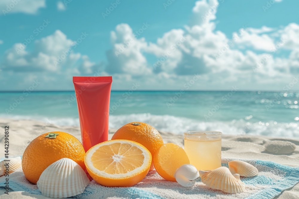 Sunscreen, citrus fruits, and seashells on a tropical beach.