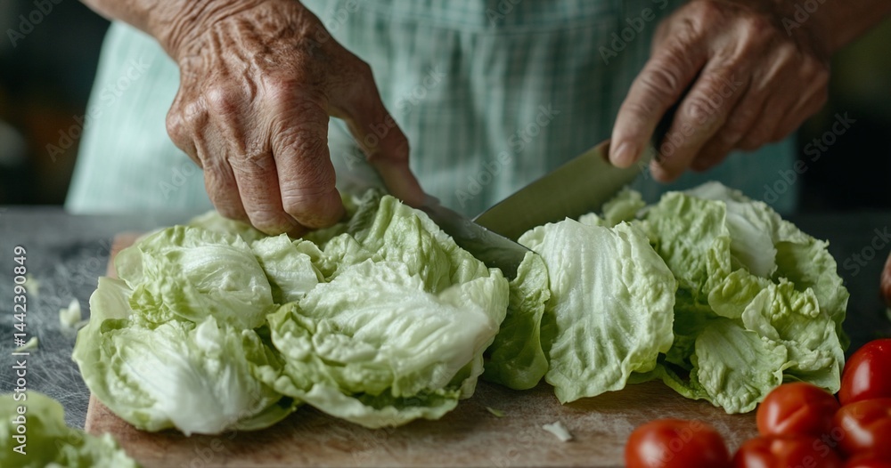 Close-up of elderly hands chopping fresh lettuce on a wooden board, preparing a healthy salad with cherry tomatoes.