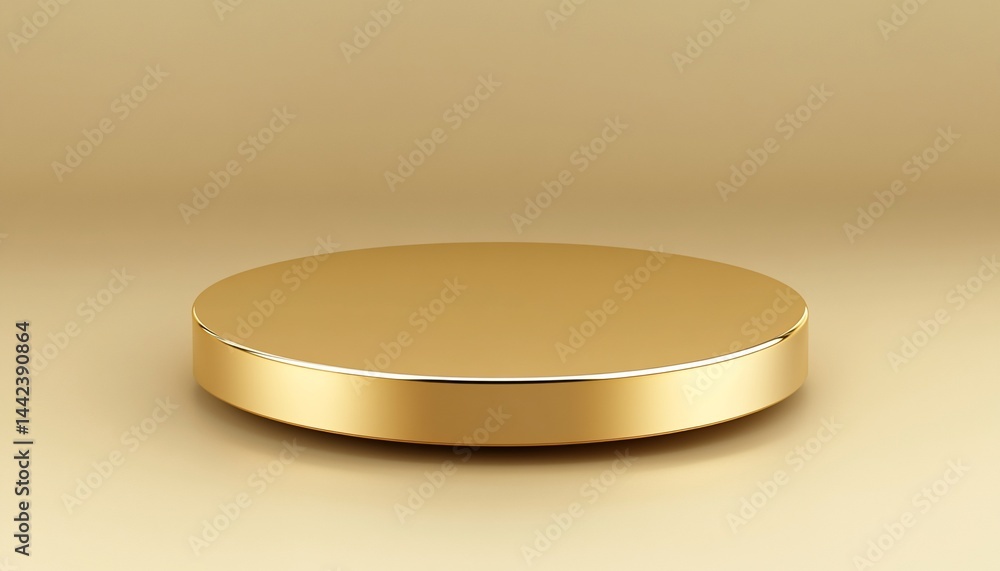 Golden round pedestal on beige background.