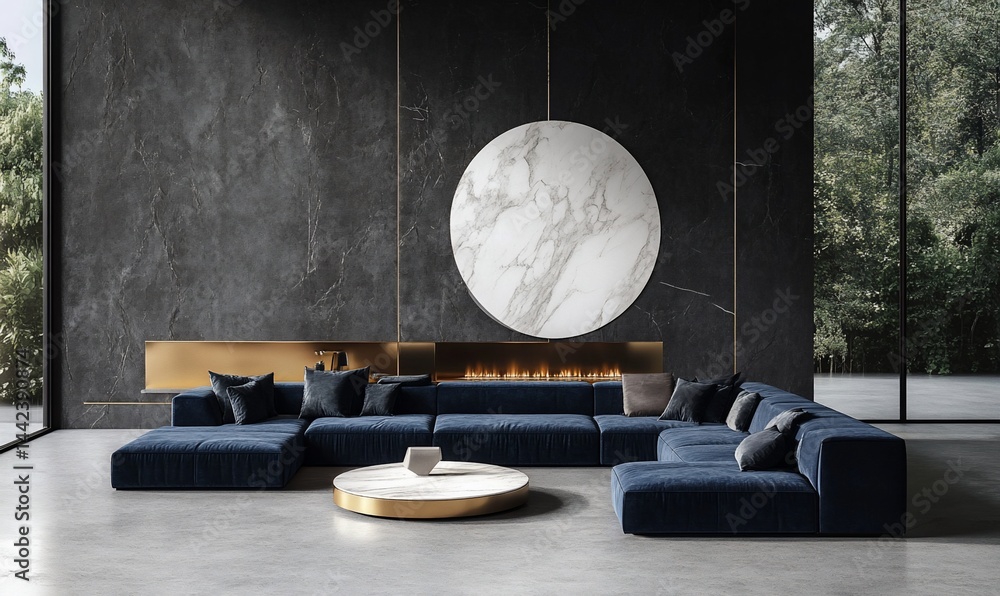 Modern living room with navy sectional sofa, fireplace, large circular marble wall art, and floor-to-ceiling windows overlooking lush greenery.