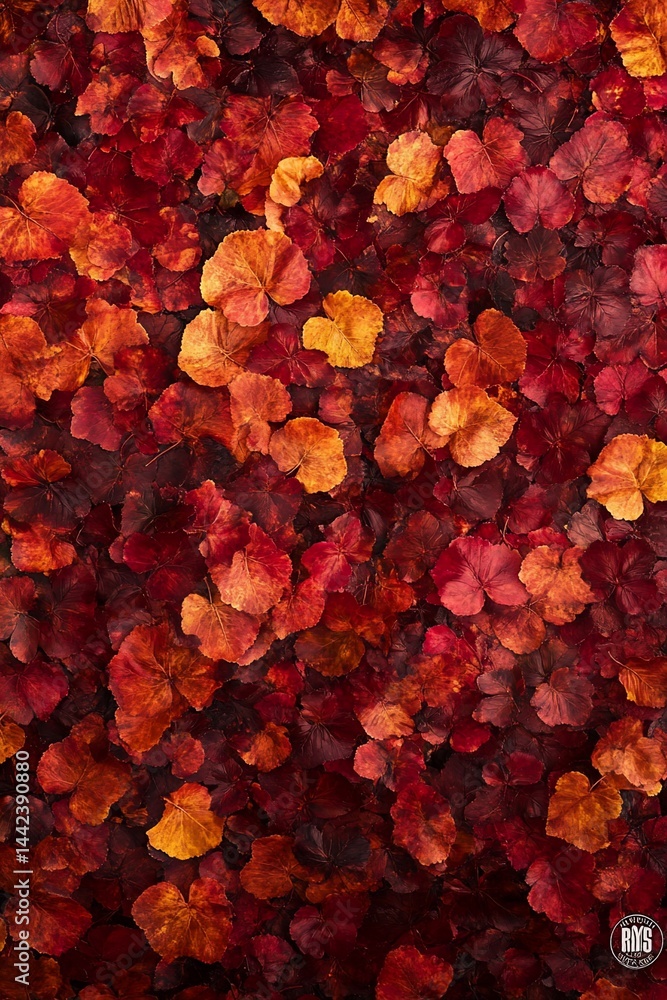 Red and orange autumn leaves blanket the ground, creating a vibrant fall texture.