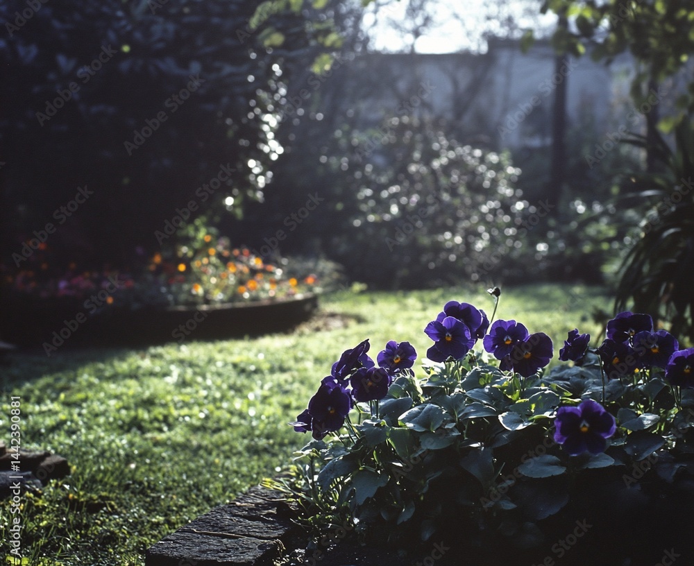 Sunlit garden with vibrant purple pansies in foreground, lush green grass, and blurred background of other flowers and shrubs.