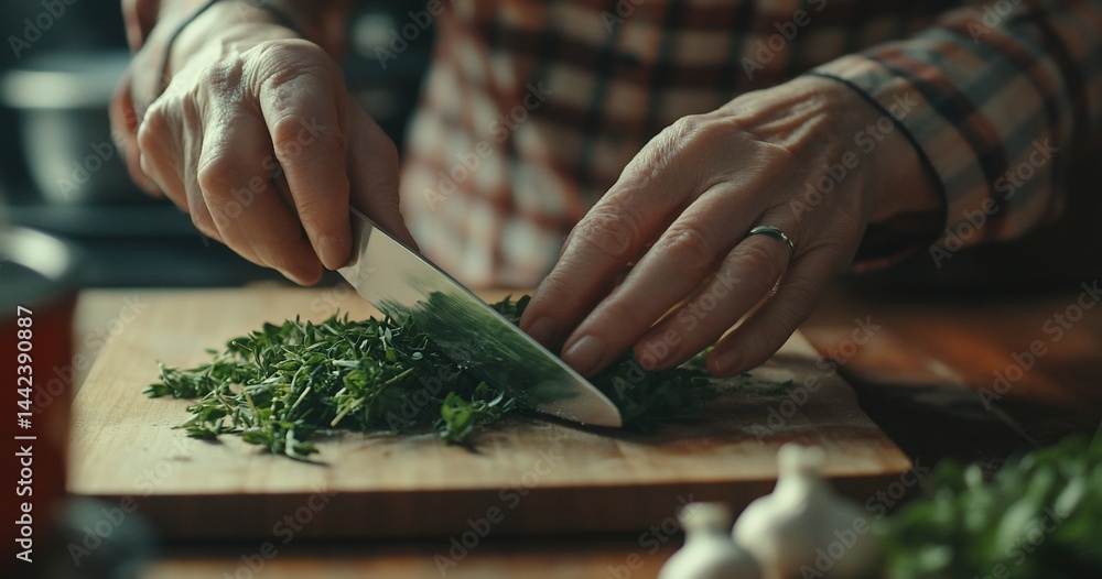 Close-up of hands chopping fresh parsley on a wooden cutting board.