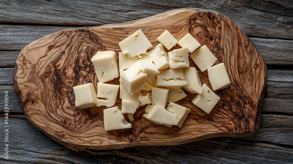 Cubes of pale yellow cheese on an olive wood board.