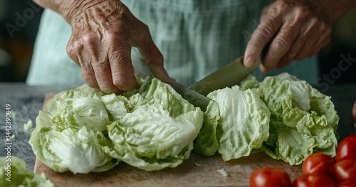 Obraz na płótnie Close-up of elderly hands chopping fresh lettuce on a wooden board, preparing a healthy salad with cherry tomatoes. w salonie
