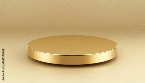 Golden round pedestal on beige background.