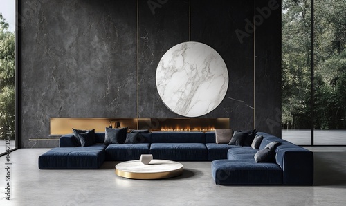 Obraz na płótnie Modern living room with navy sectional sofa, fireplace, large circular marble wall art, and floor-to-ceiling windows overlooking lush greenery. w salonie