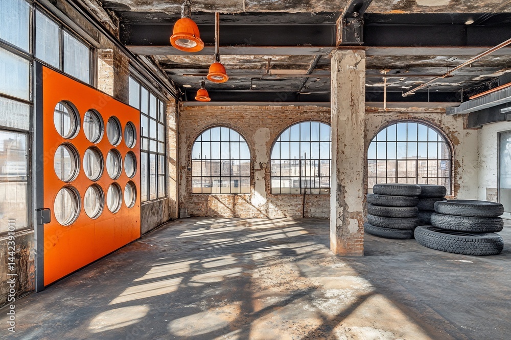 Sunlit industrial loft interior with orange door, arched windows, and stacked tires.