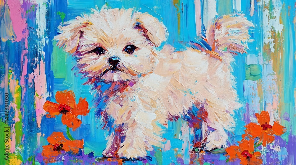 Impasto painting of a fluffy white puppy standing among orange flowers on a blue background.