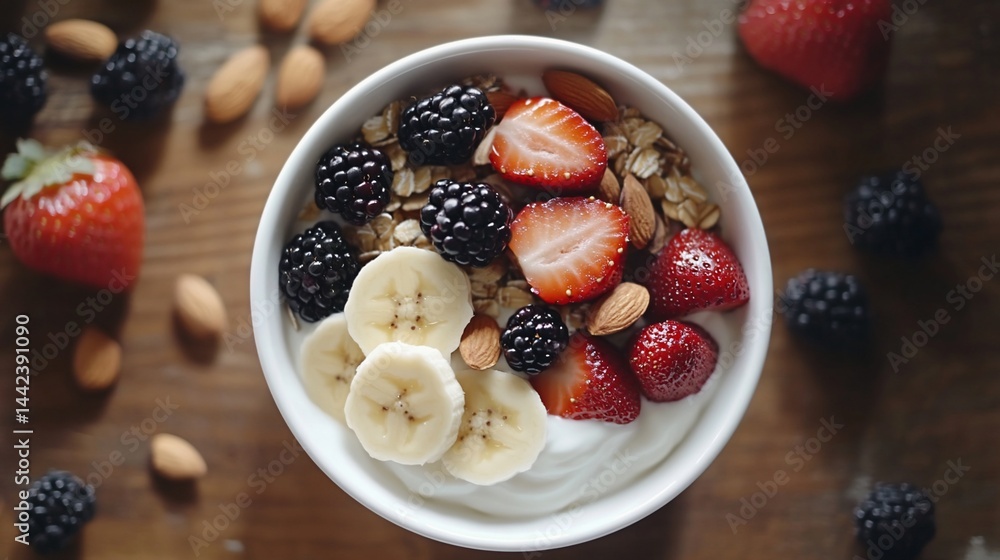 Yogurt parfait with granola, strawberries, blackberries, banana, and almonds in a white bowl.