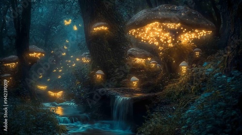 Enchanting glowing mushrooms illuminate a mystical forest stream at night, butterflies flutter.