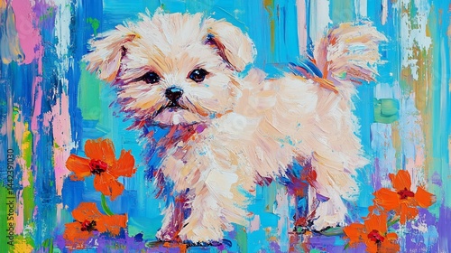 Obraz na płótnie Impasto painting of a fluffy white puppy standing among orange flowers on a blue background. w salonie