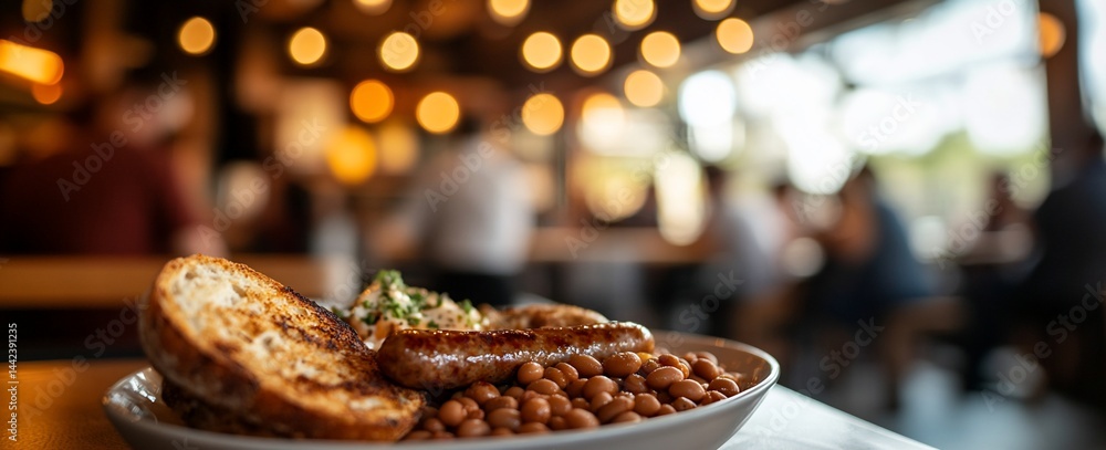 Close-up of a hearty breakfast plate with sausages, beans, and toasted bread in a restaurant setting.
