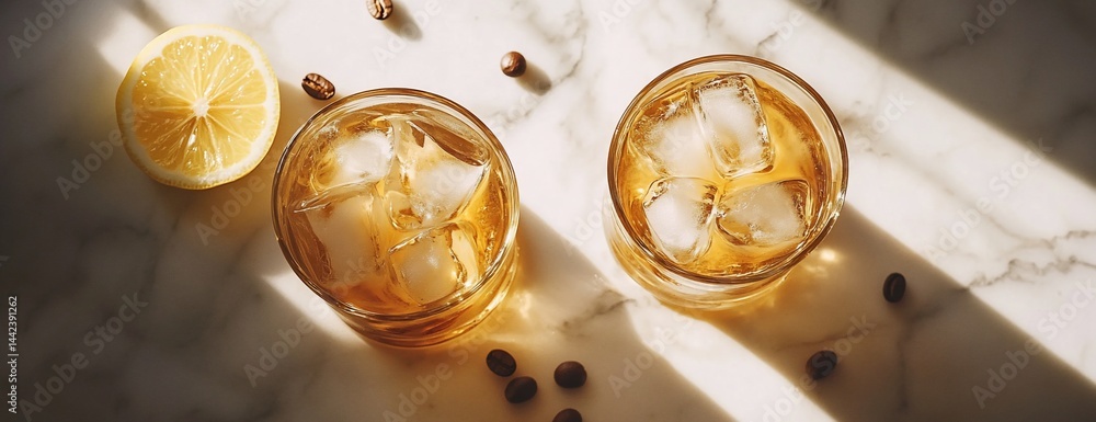 Two glasses of iced whiskey with lemon and coffee beans on marble.