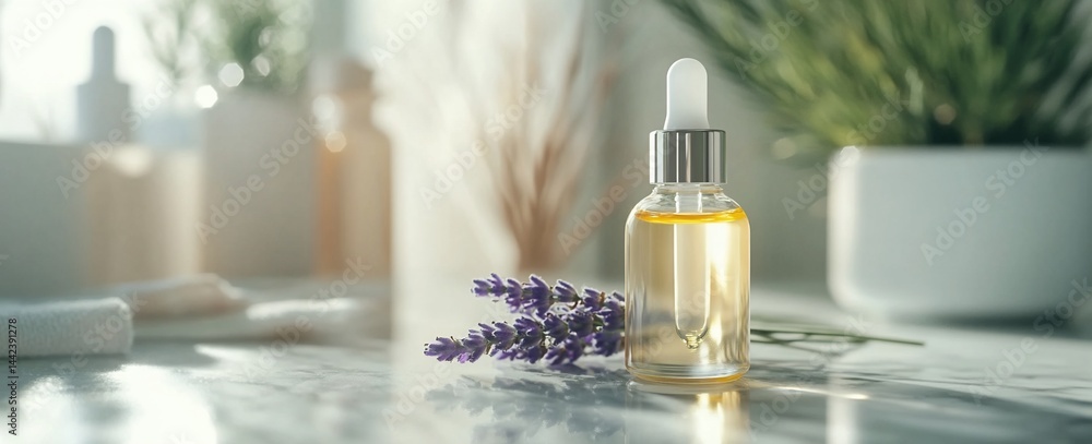 Glass bottle of essential oil with lavender on marble surface.