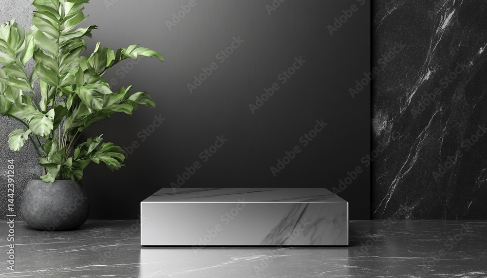 Elegant marble display platform with plant on dark background.