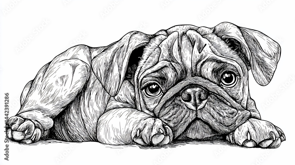 Adorable pug puppy lying down, detailed monochrome illustration.