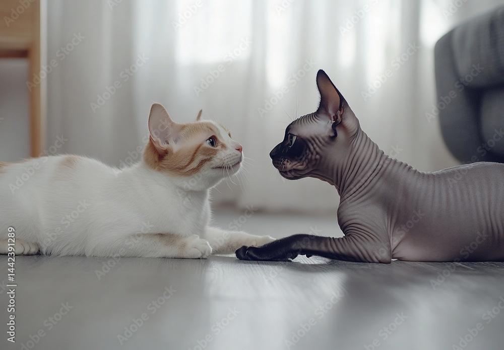 Two cats, a Sphynx and a domestic shorthair, face each other on a light wood floor.