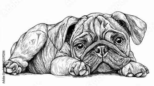 Obraz na płótnie Adorable pug puppy lying down, detailed monochrome illustration. w salonie