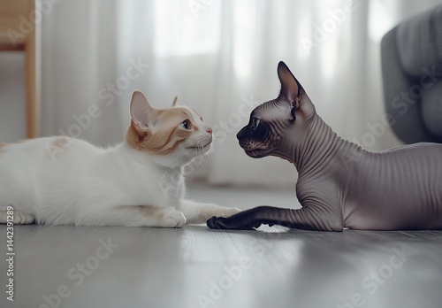 Obraz na płótnie Two cats, a Sphynx and a domestic shorthair, face each other on a light wood floor. w salonie